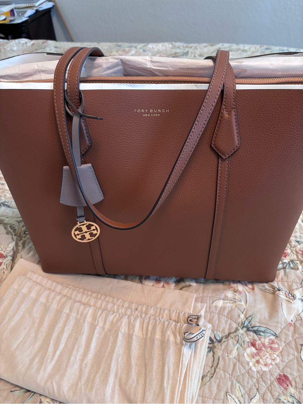 Tory Burch Chestnut Brown Leather Tote with Gold Logo Charm